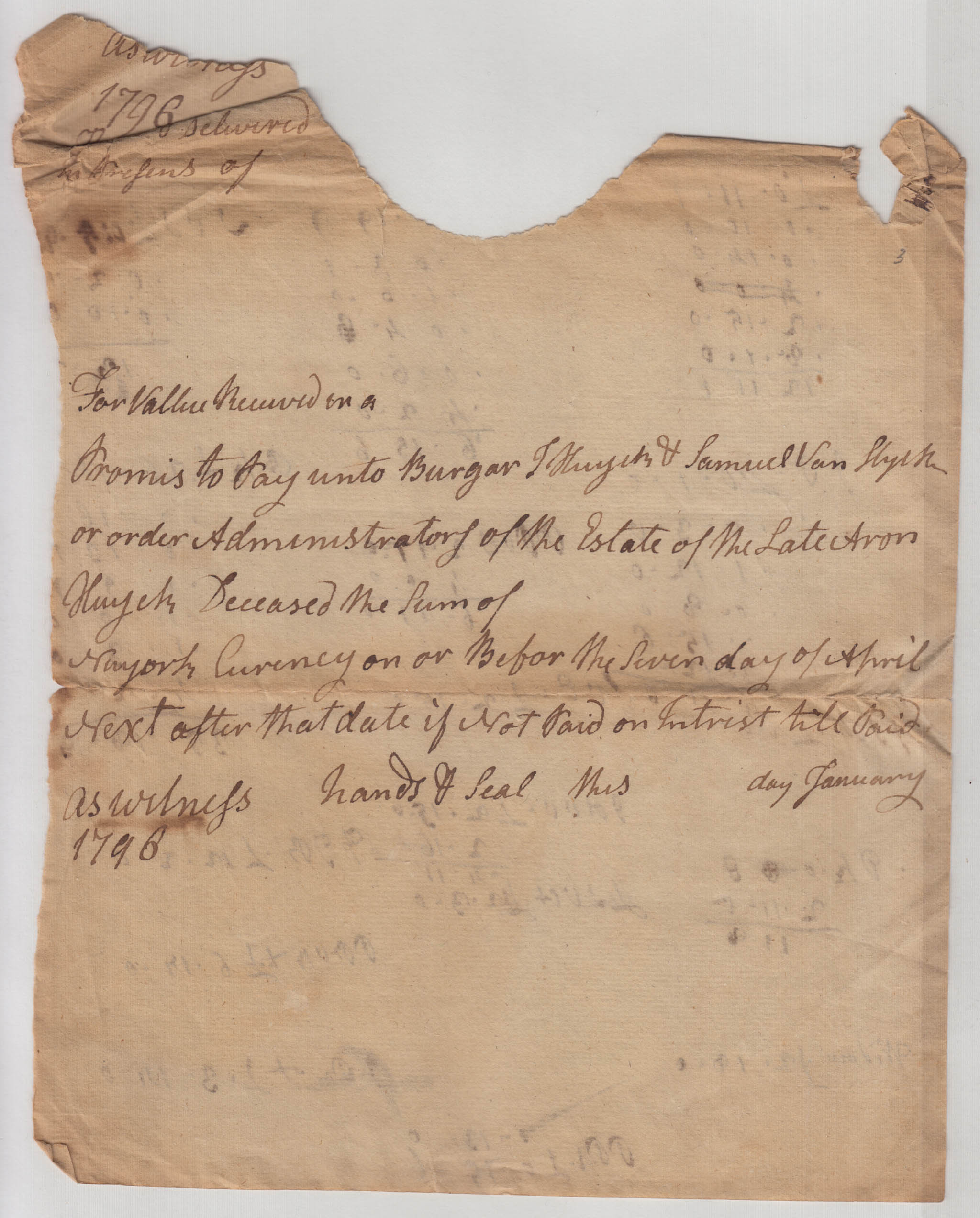 BH047, 1796-01-06 Promisory Note, a Blank Promisory Note to Pay the Administrators of Aron Huyck's Estate
